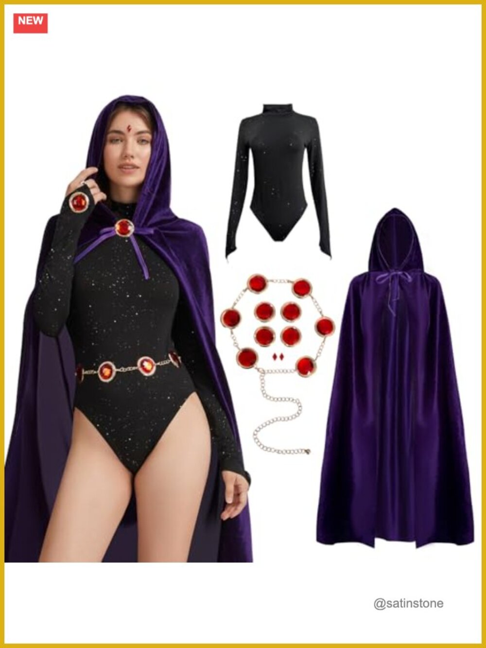 Women's Halloween Costume Set Bodysuit Velvet Hooded Cloak Waist Belt Cosplay